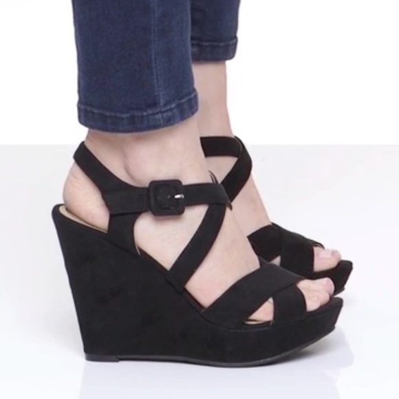 Black Strappy Caged Vamp Platform Wedge Sandals - Picture 4 of 8